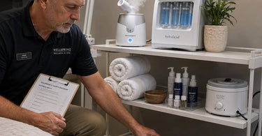 A professional spa setting with a focus on a safe, heavy-duty extension cord powering beauty equipment, symbolizing the importance of a proper extension cord policy.