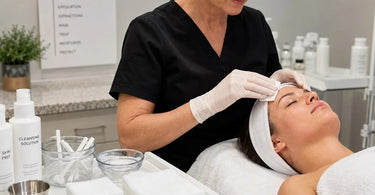 A professional esthetician's hands holding various sizes of medical-grade gauze sponges and a pre-cut gauze facial mask on a treatment table, highlighting the importance of choosing the right gauze for facials and skincare services.