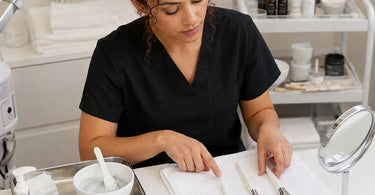 A professional esthetician carefully applying a face mask using a precision brush on a client in a spa setting.