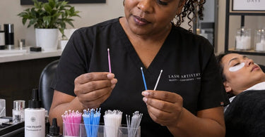 Professional lash artist using a microbrush applicator to apply lash primer during an eyelash extension service at Pure Spa Direct