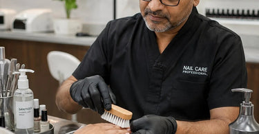 An assortment of professional nail brushes for hand and nail cleansing, showcasing a variety of bristle types and handles for salons and spas.