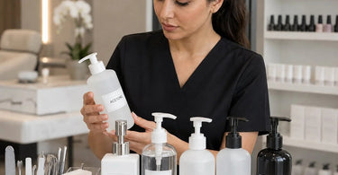 A clear pump dispenser bottle sits on a wooden table, surrounded by nail tools and colorful nail polish bottles, with a beautiful bouquet of pink flowers in the background.