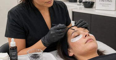 A close-up image of various professional eyelash tinting applicators including microbrushes, pointed cotton swabs, and angled spatulas laid out on a clean white surface