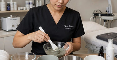 A professional esthetician's hand holding a spatula while mixing a green facial mask in a clean, white silicone bowl, showcasing the proper tool for spa treatments.