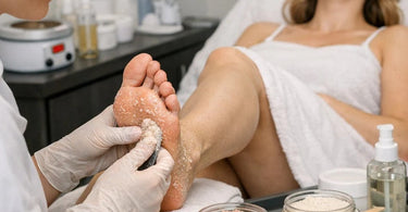 Selection of professional foot scrubs for callus removal displayed on a spa table with towels and pedicure tools