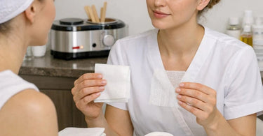 Stack of white professional pre-cut gauze facial masks with eye and mouth cutouts on a spa background