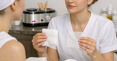 Stack of white professional pre-cut gauze facial masks with eye and mouth cutouts on a spa background