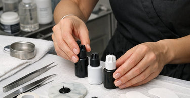 Close up view of various professional eyelash extension glue bottles and adhesive drops on a white surface for lash artists.