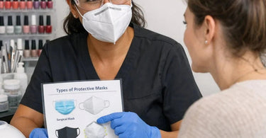 Professional masks including N95 and surgical styles displayed on a blue surface for spa and salon air quality protection