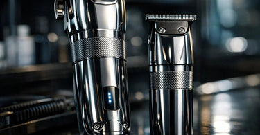 Professional barber tools including hair clippers and trimmers laid out neatly on a clean towel, with maintenance supplies like oil and brush nearby