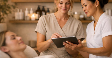 Two spa professionals, an esthetician and a massage therapist, consulting over a client file in a modern, clean treatment room.