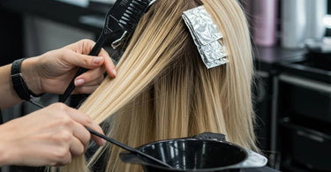 Professional hair colorist applying 8N hair color to achieve a flawless medium blonde shade