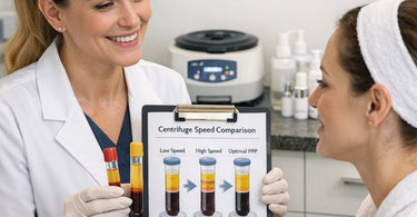 Professional PRP Centrifuge Machine on a counter in a modern medical spa clinic with tubes of processed platelet-rich plasma.