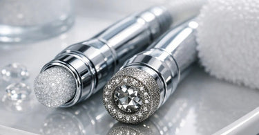Close-up comparison of crystal and diamond microdermabrasion tips on a spa towel, showcasing the different textures for professional facial exfoliation.