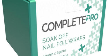 Complete Pro Soak Off Nail Foil Wraps, a 100-count box of pre-cut foil squares with attached cotton pads for professional gel and acrylic nail removal, displayed on a neutral background.