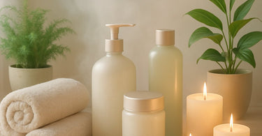 Spa owner laughing while surrounded by fluffy white towels and spa products