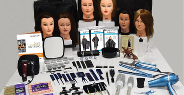Cosmetology Kit with tools and accessories displayed in a stylish tote bag.