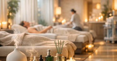 A serene spa treatment room showcasing professional aromatherapy with essential oils, diffusers, and towels, illustrating a cohesive scent journey environment.