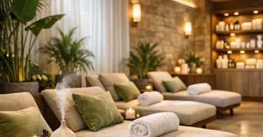 A serene and luxurious spa waiting area with comfortable seating, soft lighting, and a calming atmosphere, ready to welcome guests.