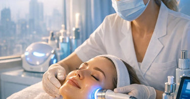 Close-up of a relaxing digital detox facial treatment in a spa setting, featuring steamy towels and glowing skin