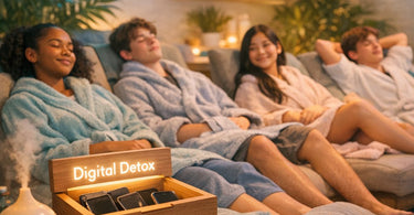 A serene teen girl enjoying a calming facial treatment during a digital detox spa package, surrounded by plants and soft lighting.