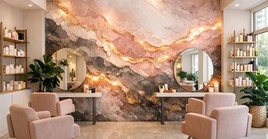 A beautifully designed salon feature wall with textured panels, a neon sign, and stylish shelves displaying professional beauty products, creating an inviting and Instagram-worthy focal point.