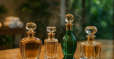 A curated selection of perfume bottles and essential oils arranged on a spa tray with scent blotter strips, showcasing a professional fragrance flight experience
