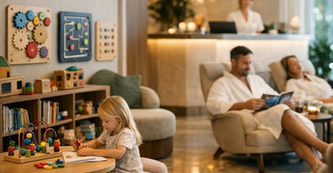 A cheerful and engaging kids' corner in a modern spa or salon waiting area, featuring a small table, toys, and books, designed to entertain children while their parents receive treatments.