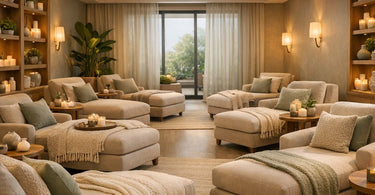 A serene and elegant spa lounge area designed as a quiet retreat with plush seating, soft lighting, and calming decor.