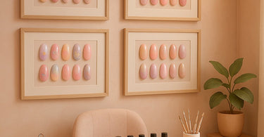 A nail technician showing a client a digital tablet displaying a gallery of beautiful nail art designs during a consultation.
