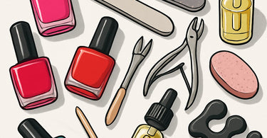 Assorted professional nail care products for a DIY nail emergency kit on a clean background