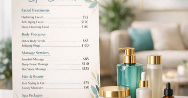 A beautifully designed spa service menu lying on a soft towel next to luxury skincare products and a candle.