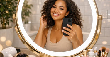 A beautifully lit selfie station in a spa or salon, featuring a large Hollywood-style vanity mirror with glowing bulbs, a ring light, and stylish decor, inviting clients to take perfect post-service photos.