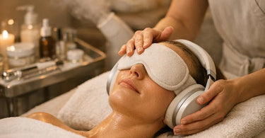 A serene spa treatment room setup for a sensory deprivation facial, showing a client with a blackout eye mask, comfortable bedding, and an esthetician's hands performing a gentle, focused facial massage in soft, dim light.