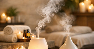 A serene spa treatment room with an aromatherapy diffuser emitting a soft mist, creating a relaxing sensory journey through scent diffusion.