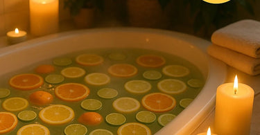 A beautiful pedicure soak bowl filled with warm water, citrus slices, and flowers, showcasing a luxurious signature citrus soak service.