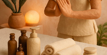 A spa professional warmly handing a client a product and a to-go tea as a signature send-off gesture
