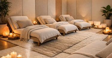 Serene sound bath room setup featuring acoustic wall panels, comfortable floor loungers, and ambient lighting for a professional spa wellness experience