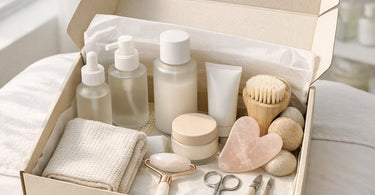 A beautifully curated spa subscription box overflowing with professional products like lotions, scrubs, and tools, sitting on a luxurious towel in a serene spa setting.