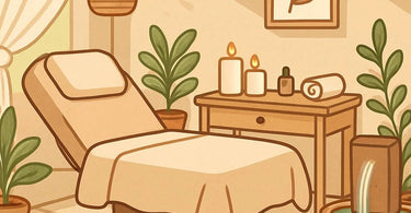 A serene and inviting spa treatment room setup for sensory-friendly, non-touch therapies, featuring soft lighting, calming decor, and accessible self-care products.