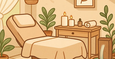 A serene and inviting spa treatment room setup for sensory-friendly, non-touch therapies, featuring soft lighting, calming decor, and accessible self-care products.