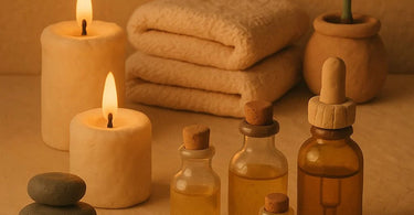 A serene home spa setup with towels, candles, and skincare products arranged on a bathroom counter