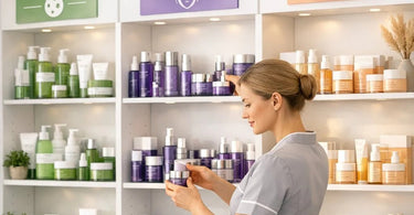 A professional spa retail display featuring clean acrylic organizers with skincare products grouped for acne, aging, and dryness concerns.