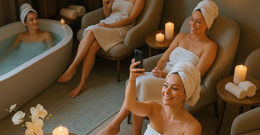 A spa client holding a phone, capturing the serene ambiance and beautiful details of their treatment room for Instagram.