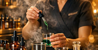 A professional spa therapist carefully blending custom aromatherapy oils in a serene treatment room setting