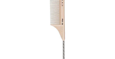 Close-up of the Cricket PRO50 Fine Toothed Rattail Silkomb held in hand, showcasing the metal tail and smooth, fine teeth against a clean white background.
