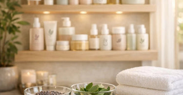 A serene spa setup featuring vegan and cruelty-free facial products including serums, creams, and a fresh aloe vera plant on a linen towel.