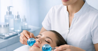 Esthetician using a cryo tool on a client's face during a facial treatment in a professional spa setting.