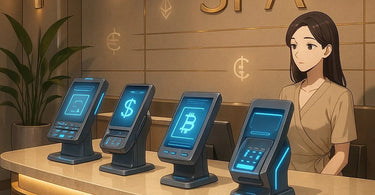 Spa owner considering cryptocurrency payment options on a tablet, surrounded by luxury spa products and a modern salon interior.