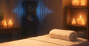Spa professional adjusting music playlist during massage treatment with client